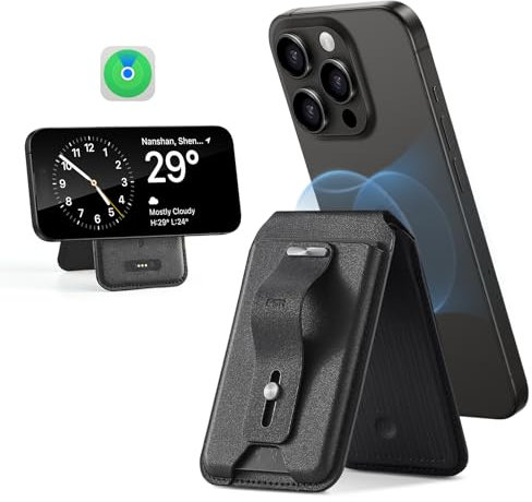 ESR Porte Carte pour MagSafe (HaloLock), Blocage RFID, Porte-Cartes Geo avec Support Réglables pour iPhone avec Tracker Localiser, Compatible avec MagSafe, pour iPhone Série 17/16/15/14/13/12, Noir