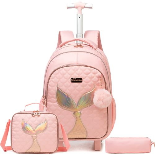 Egchescebo Sac a Dos Sirène Enfant Roulette Fille Primaire Valise École Maternelle Sacs à D'école pour Voyage Cabine de Bagages 17 3PCS Ensemble Grand Cartable Étudiant Simple Rose