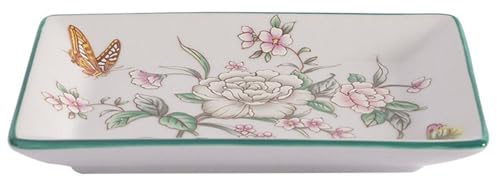 YlobdolY Ceramic Trinket Dish Tray for Earrings Necklaces Ring Watch Keys, Chinese Painting Rectangular Jewelry Tray Key Bowl Soap Dish Decorative Plate for Sisters Daughter Mother White