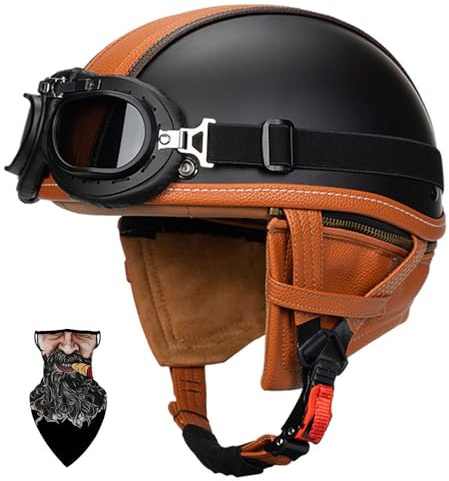 Casco Moto Vintage Semi-Aperto in ABS con Collare Rimovibile - Casco Scodella Leggero per Scooter/Cruiser, Fodera in Traspirante, EPS Antishock, Fibbia Rapida Unisex 55-64cm