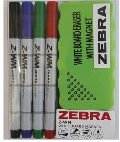 Zebra Z-WM Whiteboard Pens With Magnetic Eraser Plastic Fine 2mm Bullet Tip Assorted Coloured Board Pens Liquid Ink Dry Wipe Marker for Schools, Offices & Classrooms Pack of 4