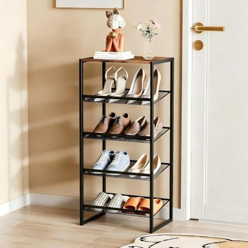 Huhote Schuhregal 5 Ebenen, Schuhständer Metall, Schuhregal Klein, Schuh-Organizer, Schuhaufbewahrung Platzsparend, Schuhablage für Eingangsbereich, Korridore, Ecke, Wohnzimmer, Vintagebraun