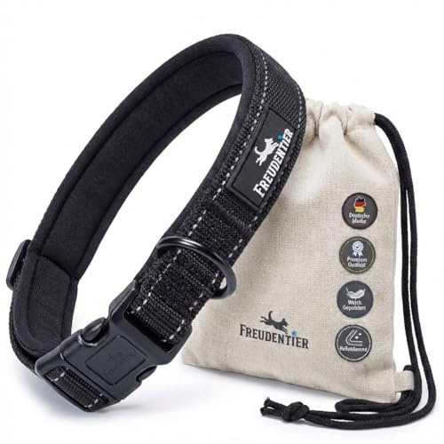 FREUDENTIER Hundhalsband – mjukt vadderad med neopren, reflekterande och robust – hundhalsband för små, medelstora och stora hundar (svart, 35–50 cm)