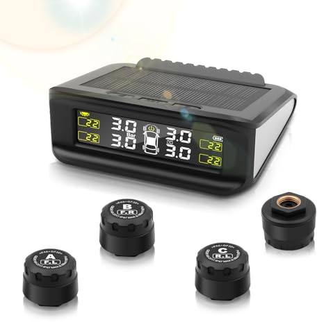 Avutrel TPMS Waterproof Tyre Pressure Monitoring System Wireless Solar Real-Time for Car Caravan SUV RV Trailer Van (0-5 Bar) - 4 External TPMS Sensors with 5 Alarm Modes