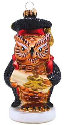 Dekohelden24 Lauschaer Christbaumschmuck - Christbaumkugel Lauscha, Weihnachtsbaumkugel, Glasornament Eule Uniprofessor, Glasbehang Eule Lehrer in rot/Schwarz, aus Lauscha, L/B/H 5 x 5 x 12 cm.