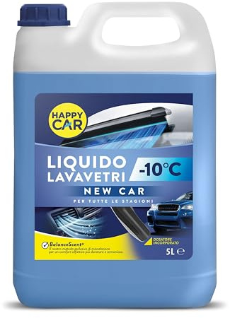 Happy Car Liquido Lavavetri Auto Invernale -10°C New Car 5L - Tecnologia BalanceScent®, Azione Sgrassante, Profumata e Pronto all’Uso - Rimuove Sporco e Residui Stradali (Versatore Incluso)