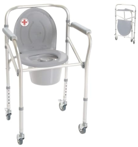 REMEDIA ONE Rialzo WC per Anziani 4 in 1 Pieghevole con 4 Ruote | Comoda WC per Anziani in Alluminio Anodizzato, Sedile Doccia e Water, Facilita Seduta e Rialzata, Altezza Regolabile 47-57cm