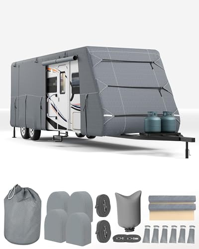 Abdeckplane Wohnwagen 5,5-6,4 m – 7-Lagen-Schutzhülle für Wohnwagen & Reisemobil – Wasserdicht, Winddicht, UV-beständig, mit Hagelschutz – Atmungsaktiv inkl. Sturmgurte, Reifenabdeckungen
