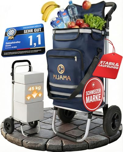 XXL Einkaufstrolley mit großen Lufträdern 45 kg Tragkraft Leichter, klappbarer Hackenporsche mit Metallhaken für Einkaufswagen | Viel Stauraum, wasserabweisend, Shopping Trolley