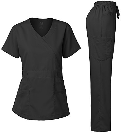 Dagacci Medical Uniform Women's Scrubs Set Stretch Ultra Soft Y-Neck Wrap Top and Pants Black XXL