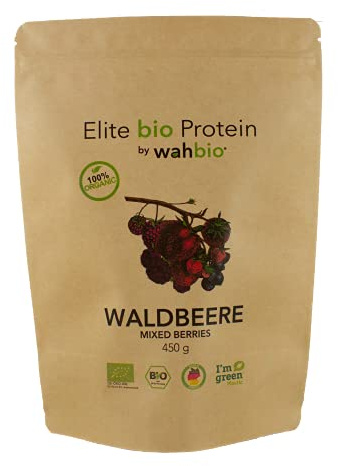 WAHBIO 100% Bio Whey Protein – Pulver mit WALDBEERE Geschmack (450g) – 4 Komponenten Bio-Protein-Pulver (Whey, Casein, Ei und Soja Komponenten) ohne Zucker, Süßungsmittel und Zusatzstoffe