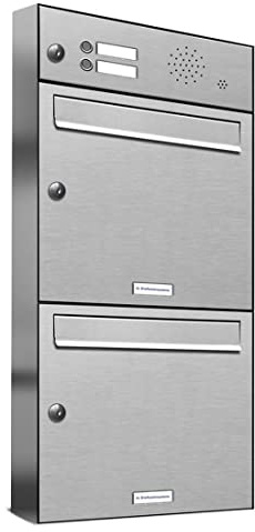 AL Briefkastensysteme 2er Briefkastenanlage mit Klingel, V2A Edelstahl, Premium Doppel-Briefkasten DIN A4, 2 Fach Postkasten modern Aufputz