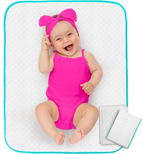 Baby Diaper Changing Mat - 31,5 x 25,5 inch Waterproof Portable Travel Changing Pad - Wipable Liners for Newborn Todlers Kids - Foldable Large Baby Nappy Changer Mat White w/Turquoise Changing mat