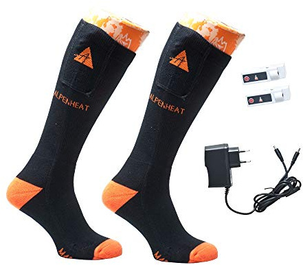 Alpenheat 1 Paar beheizte Socken/Strümpfe mit 2 Akkus und einem Ladegerät, Baumwolle, schwarz orange (L (43-45))