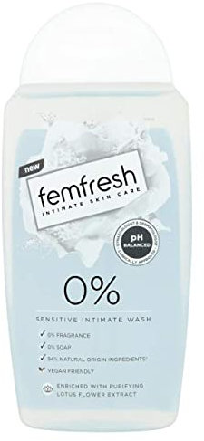 Femfresh 0% Sensitive Intimate Wash - Feminine Hygiene Shower & Bath Gel Cleanser - pH Balanced, Soap Free, Fragrance Free Vegan Formula - w. Purifying Lotus Flower Extract to Soothe & Protect - 250ml