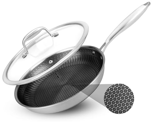 Nutrichef Stainless Steel Frying Pan 25.4cm, Triply Cookware with Non-Stick Dakin Etched Coating, Scratch-Resistant Honeycomb Pattern, for Saucepan Cooking, Boiling and Omelette Making