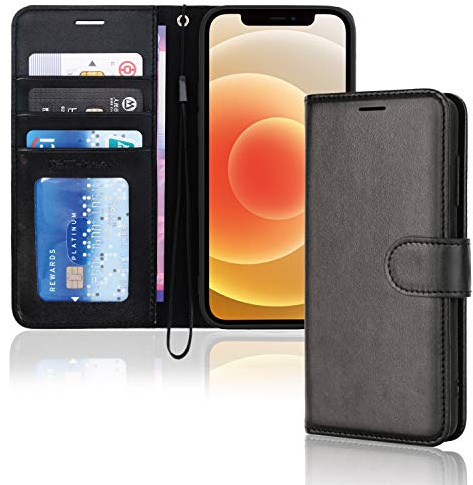 TECHGEAR iPhone 12 mini läder plånboksfodral, vikbart skyddande fodral med plånbok korthållare, stativ och handledsrem – svart PU-läder med magnetisk stängning designad för iPhone 12 Mini