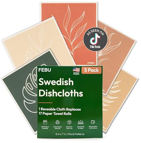 FEBU Swedish Dishcloths for Kitchen | 5 Pack Floral Reusable Paper Towels Washable | Swedish Dish Towels | Non-Scratch Cellulose Sponge Cloths | No Odor, Biodegradable Cleaning Cloths