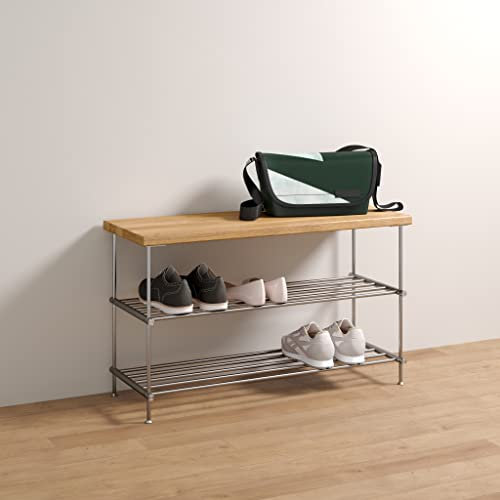 Schuhbank 80 cm breit mit massiver Eichenholz-Sitzfläche und 2 Edelstahl-Schuhregal-Ebenen - PHOS Design