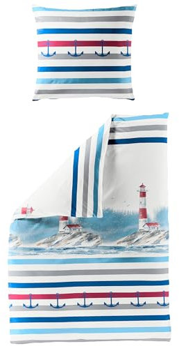 Traumschloss Seersucker Sommer Bettwäsche - Aqua, Maritim, Anker 200x200 / 80x80
