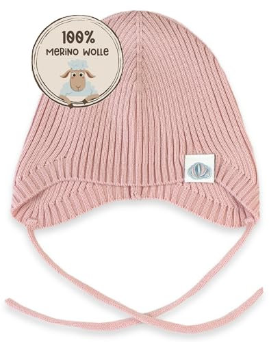 MIRARI Kids Warme gerippte Babymütze aus 100% Merinowolle I Strickmütze mit Ohrenklappen und Bindebändern I weiche Baby Wollmütze ohne Futter I Rippenstrick (Hellrosa, 6M (40-44))
