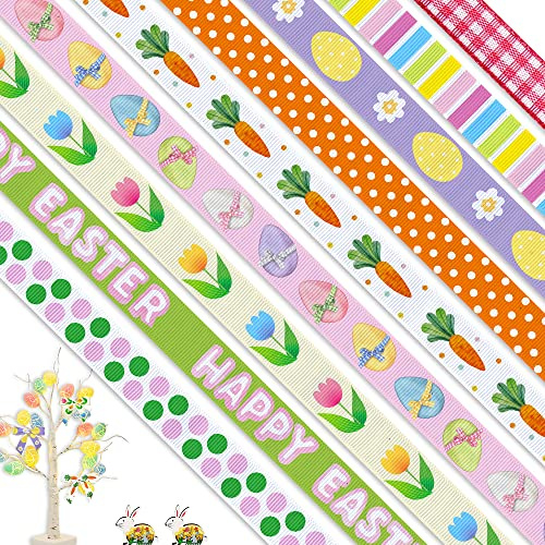 Threetols 9 Rolls 27 Yards Easter Grosgrain 3/8 Ribbons, Spring Colorful Ribbons with Flower, Egg, Carrot, Dot, Stripe Patterns for Easter Party Decorations