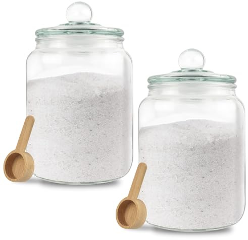 Waschmittel Pods Aufbewahrung Vorratsgläser, 2x2 Liter Waschpulver Glasbehälter Vorratsdosen Glas mit Deckel Luftdicht und 2x Holzlöffel, Mehl Pasta Vorratsglas für Reis Süßigkeiten Schokolade