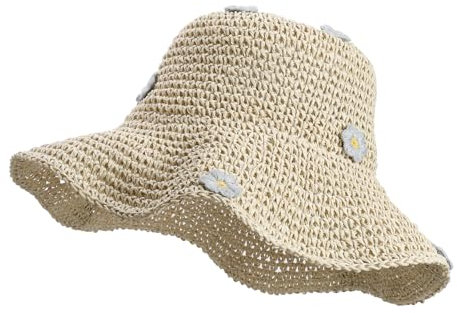 JJDreams Faltbar Sommer Strohhut mit Blumen Beige Eimer Hüte Fischerhut Faltbarer Knautschhut Outdoor Hut leicht Strandhut,Damenhut,Sommer,stilvoll Hut