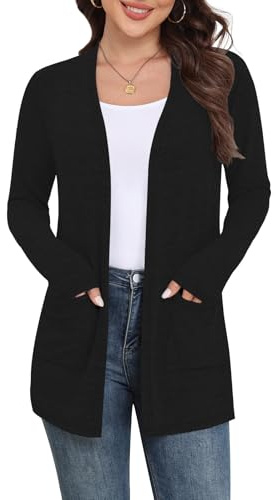 Yincro Women Lightweight Open Front Cardigan with Pockets (Black, 3XL) | Long Sleeve Cardigans, Casual Fall Sweater for Women