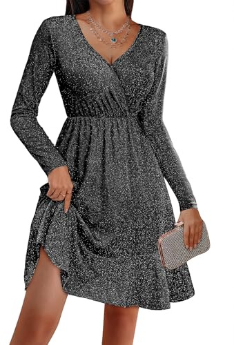 Zeagoo Robe Femmes Chic et Elegant Scintillantes Robes Col en V Paillettes Tunique Robe pour Club Cocktail Party Noir S