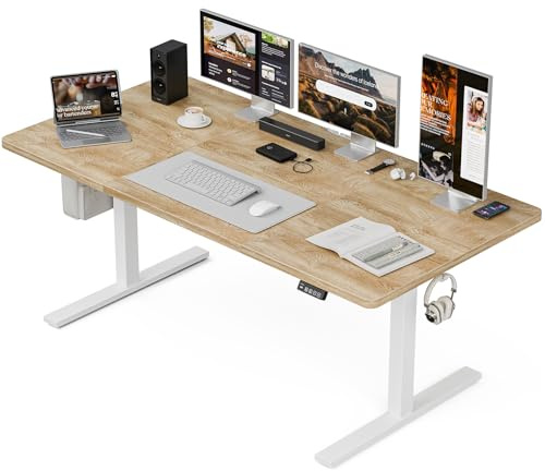 Grandder Escritorio Eléctrico de Pie Sentado 140 x 80 cm, Ajustable en Altura, Función de Memoria, Escritorio Ergonómico de Pie-Sentado, Tablero de 4 Partes, Escritorio de Ordenador, Roble