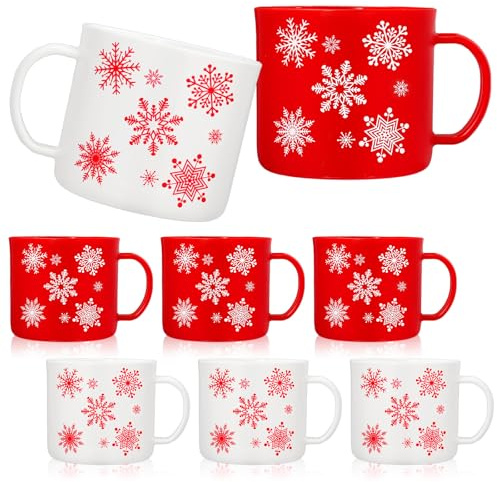 Whaline 6Pcs 12Oz Christmas Plastic Mugs Coffee Mug with Handles Red White Snowflake Drinking Cups for Winter Xmas Party Supplies Hot Cold Drinks