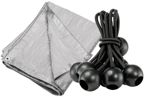 Heavy Duty Waterproof Tarpaulin Cover with 10 Black Bungee Ball 4 Ties, Grey, S-Grade, for Outdoor Protection (4m x 5m)