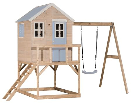 Wendi Toys M23PB Cabane sur pilotis avec balançoire, tour de jeu en bois FSC pour enfants, plateforme 90 cm, 192×350×242 cm, avec échelle, terrasse, volets & plancher, résistante aux intempéries, Bleu