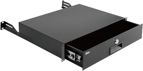 Tecmojo Racklåda, rackmontering för 19 tums nätverk/server/AV-rack eller skåp, låsbar med bakre stöd – lastkapacitet 10 kg, med kabelinföring och hanteringsöppningar (2U)