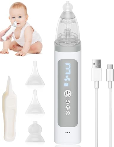 Aspiratore Nasale Neonato Elettrico 3 Livelli di Aspirazione Aspiratore Nasale Bambini Aspira Muco Neonato con 3 Punte in Riutilizzabili Silicone, Musica e Luce per Neonati Piccoli da 0m+(Bianco)