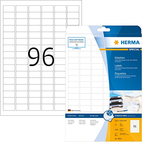 HERMA 8832 Universal Etiketten für Inkjet Drucker, 25 Blatt, 30,5 x 16,9 mm, 96 pro A4 Bogen, 2400 Stück, selbstklebend, bedruckbar, matt, blanko Klebeetiketten Aufkleber für Tintenstrahldrucker, weiß