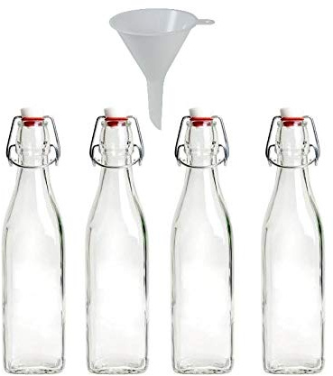 Viva Haushaltswaren Lot de 4 Petites Bouteilles en Verre 250ml avec Bouchon mécanique et Entonnoir 7cm