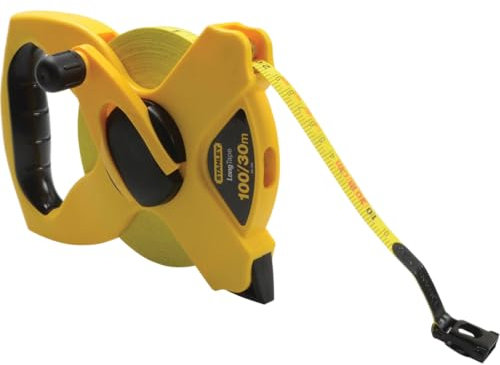 Stanley open reel fibre glass tape 30 metres. Washable blade is non corrosive and resists fading. Printed on both sides. Bi-material grip for comfort. Fast rewind crank with rotating fingertip knob. High impact, high visibility ABS case.