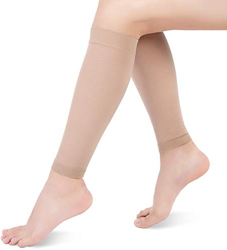 Calze a compressione in polpaccio, calzino di contenimento senza piedi per uomini e donne, 20-30mmHg manica di compressione Mollet per Shin Splint, vena varicosa, edema (L, beige)