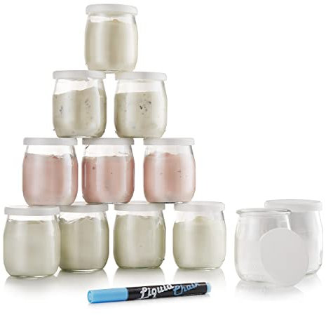 Monboco | Juego de 12 Vasos yogurtera de cristal con tapa hermética | para yogurtera y robot de cocina (thermomix, etc) | 142 ML / 125G | Un bolígrafo borrable de cortesía
