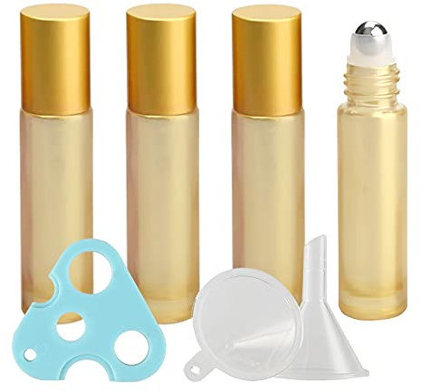 TIANZD 4 Stück Leere 10ml Gelb Glas Roller Flaschen mit Gold Alu Schraubverschluss, Roll-On Glasflaschen mit Glasroller für Ätherische Öle Essential Oil mit Trichter Öffner