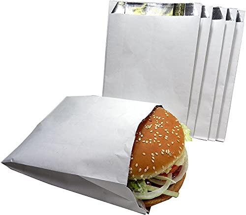HOT BARGAINS Foil Lined Food Bags, 7 x 9 x 12 Inches, Pack of 100, White, For Hot Food Service