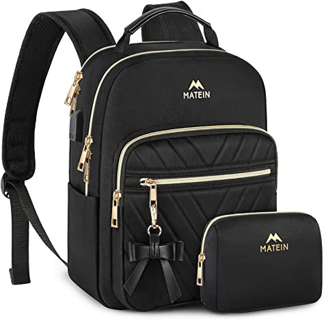 MATEIN Rucksack Damen Klein, Elegant Schulrucksack Geldbeutel Set 2 in 1 Wasserdicht Cityrucksack Casual Daypack mit USB Ladeanschluss Modern Handtasche Rucksacktasche für Reisen Arbeit Schwarz