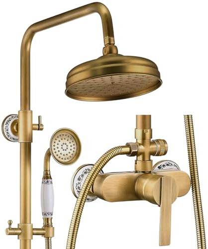 ESOP Duscharmatur Messing Antik Regendusche Duschsystem Wandhalterung Duschsystem Antik Duschset mit 20cm Drehbar Duschkopf, Handbrause, Einstellbar Duschstange
