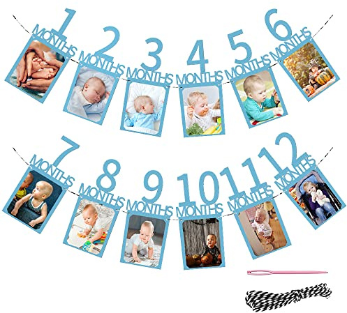 Fotogirlande 1. Geburtstag, Baby Ersten Geburtstag Girlande Foto Banner, Hängende Foto Wanddekoration, Kinder Monatlich Bild Prop für Party Dekor Mädchen/Jungen - Blau