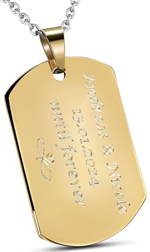 Hanessa Personalisierte Kette mit Gravur Edelstahl 49 cm mit Anhänger Dog Tag Erkennungsmarke in gold - Personalisierte Halskette für Männer und Frauen - Personalisierter Schmuck Damen Herren