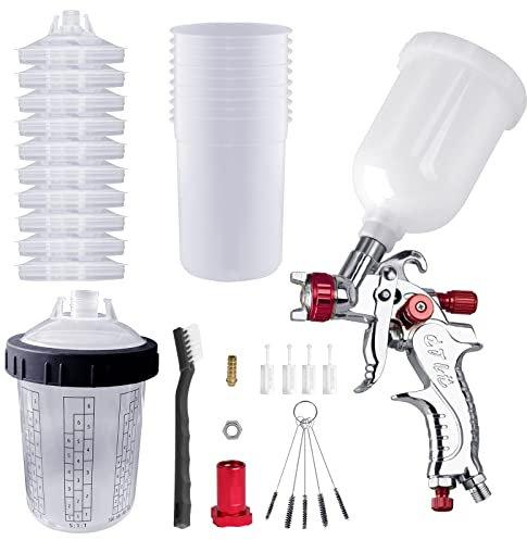 Aflybltol HVLP Ensemble de pistolets pulvérisateurs de peinture automobile avec buse de 1 mm et gobelet de 300 ml pour réparation de carrosserie de meubles de voiture (1 mm avec bol de mélange, rouge)