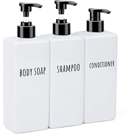Segbeauty Seifenspender Weiß, 500 ml 3er Set Kunststoff Pumpflasche zum Befüllen mit Wasserdichtes Etiketten, Leerspender für Shampoo Conditioner Body Soap, Minimalistisches Design Reiseflaschen Set