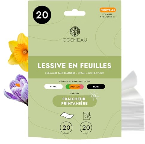 Cosmeau Waschmittel Blätter Frühlingsfrisch – bis zu 60 Waschgänge (60 Blätter) – Nachhaltiges Waschmittel für Weiß, Farbe und Schwarz – Abbaubar & Perfektes Reisewaschmittel